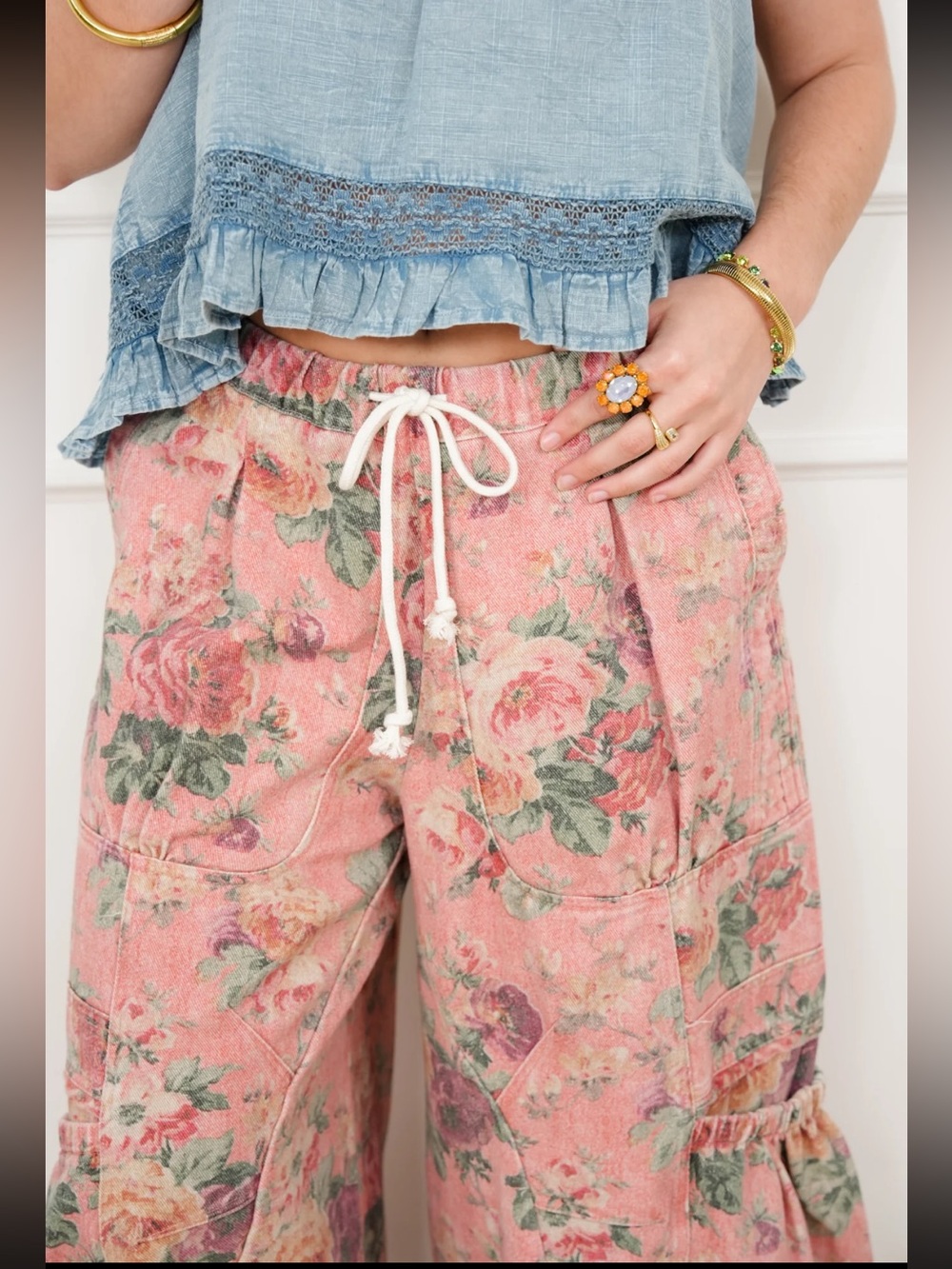 Freckled Poppy Pink Floral Drawstring Wide-Leg Pants
